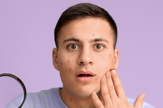 Joven masculino sorprendido. En la mano toma una lupa. 